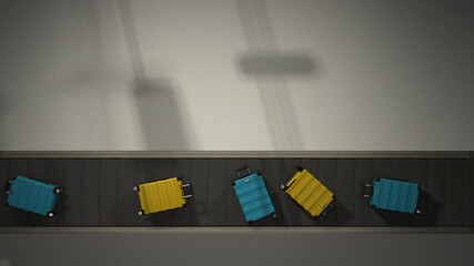 Luggages Moving On Airport Conveyor Belt Overhead View Loopable. realistic 3d animation. Suitcases of blue and yellow colors. Light floor. horizontally