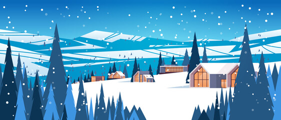 snow covered buildings in winter season residential houses area ski resort concept new year and christmas celebration