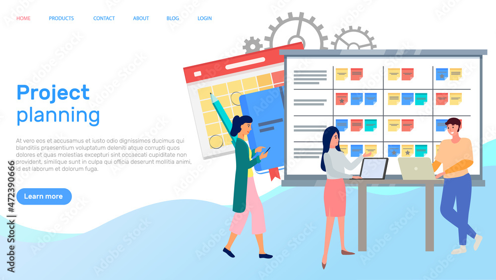 Poster project planning, time management flat vector concept. people cooperating to deal with new startup c
