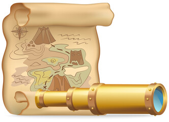 Telescope and treasure map. Pirate hidden treasure. Search adventure and travel. Basic gadgets for thirst for adventure hunting on uninhabited island. Technologies for navigation in unknown territory