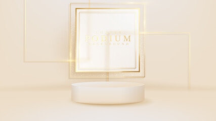 Realistic white product podium showcase with golden line on back. Luxury 3d style background concept.