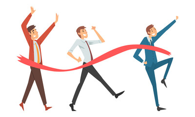 Cheerful Business Man Crossing Finish Line at Running Track Smiling Vector Set