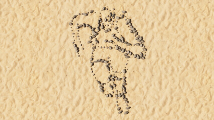 Concept conceptual stones on beach sand handmade symbol shape, golden sandy background, colorful runner sign. 3d illustration metaphor for athlete, sprinter, marathon, competition, exercise, health