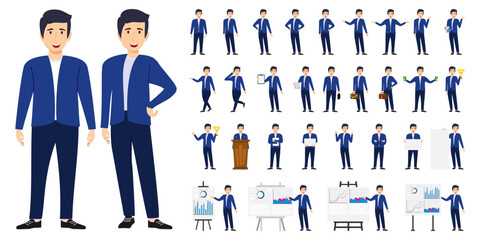 Cute modern businessman character set wearing business outfit and standing with different poses and with podium presentation board with sales graph chart isolated and posing