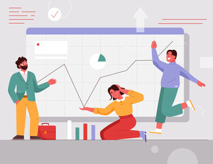 Stock market investment concept. Men and woman analyzing data
