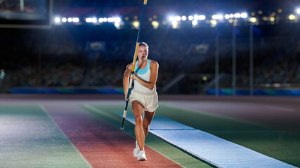 Pole Vault Jumping: Portrait of Professional Female Athlete on World Championship Running with Pole to Jump over Bar. Shot of Competition on Big Stadium with Sports Achievement Experience - obrazy, fototapety, plakaty