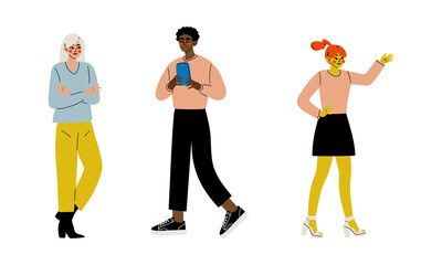 Trendy Student Character with Smartphone and Raised Up Hand Searching for Answer Vector Set