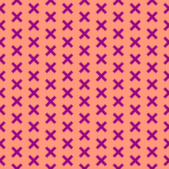 simple vector pixel art velvet violet seamless pattern of minimalistic abstract wide diagonal crosses on calming coral background