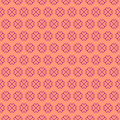 simple vector pixel art velvet violet seamless pattern of minimalistic abstract four leaf clover flowers on calming coral background