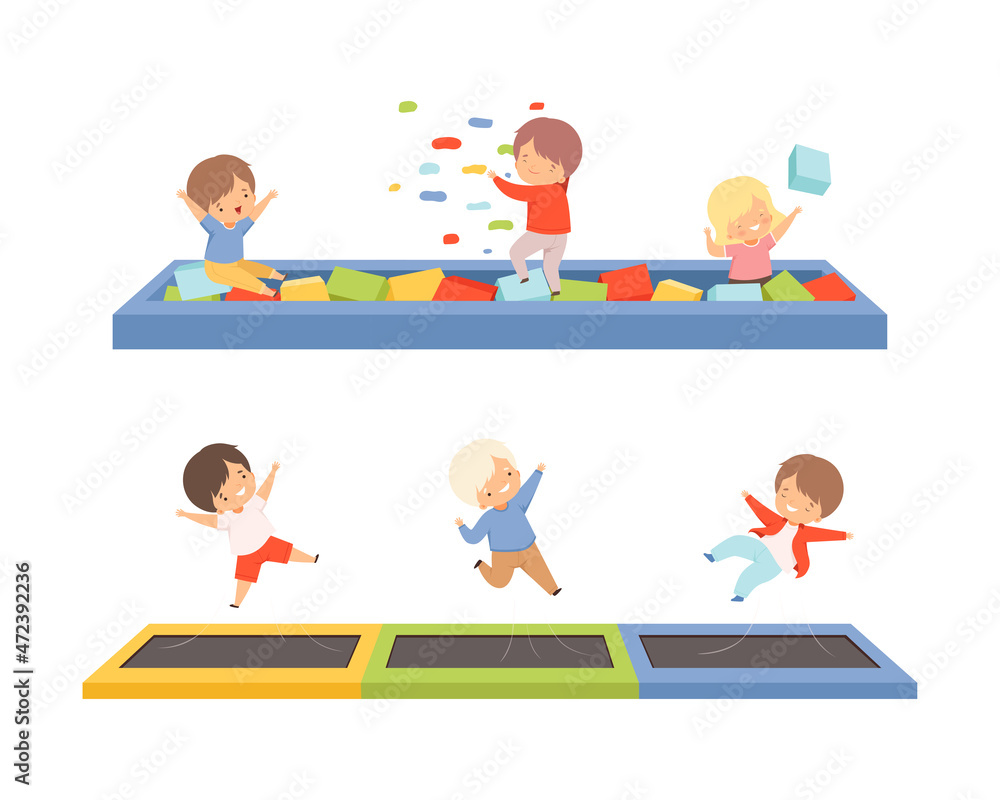 Poster cute little kids bouncing on trampoline and playing in pool with soft cubes vector set