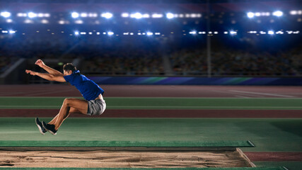 Long Jump Championship: Professional Male Athlete Jumping on Long Distance. Determination, Motivation, Inspiration of a Successful Sports Man Setting New Record Result. Competition on Big Stadium. - obrazy, fototapety, plakaty