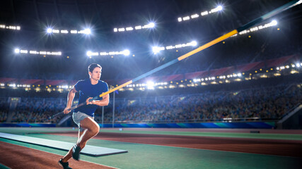 Pole Vault Jumping: Professional Male Athlete on World Championship Running with Pole to Jump over Bar. Shot of Competition on Big Stadium with Sports Achievement Experience