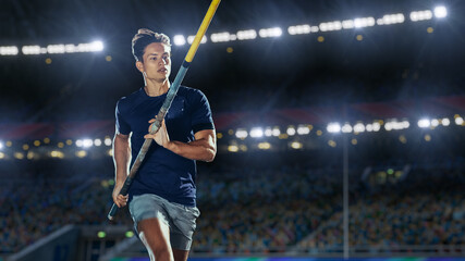 Pole Vault Jumping: Portrait of Professional Male Athlete on World Championship Running with Pole to Jump over Bar. Shot of Competition on Big Stadium with Sports Achievement Experience