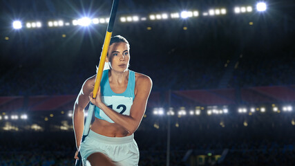 Pole Vault Jumping: Portrait of Professional Female Athlete on World Championship Running with Pole...