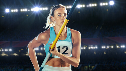 Pole Vault Jumping: Portrait of Professional Female Athlete on World Championship Running with Pole...