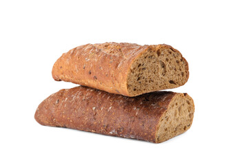 Pieces of fresh buckwheat baguette on white background