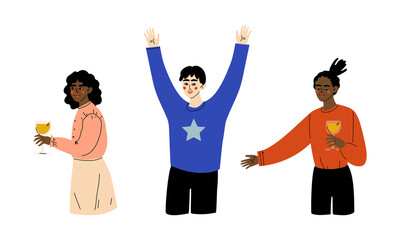 Young Man and Woman with Glass of Wine Cheering Celebrating Something Vector Set