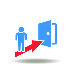 Vector illustration of man with arrow and door. Icon of emergency evacuation. Symbol of exit direction.