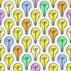 Different color lightbulb seamless pattern doodle style. Background with with glowing bulbs, vector illustration. Template for wallpaper, fabric and packaging