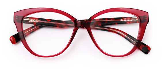 top view red glasses isolated on white background, plastic female spotted spectacle with...