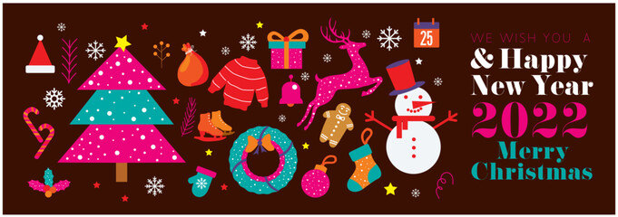 In Brown color background with Christmas vector modern icon and illustration element. color full element ornament with Santa cap, reindeer, gift, tree, snowflake, sock,  and snow man celebration 