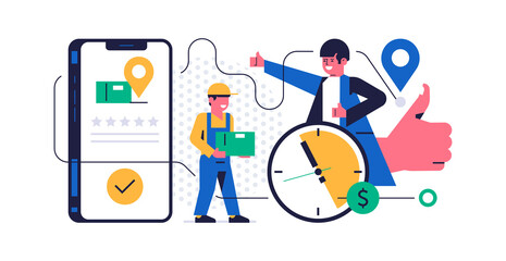 Online parcel delivery service concept. Mobile app concept. Phone with parcel delivery app on display. Courier with order box, happy man, hand like symbol. Flat vector illustration