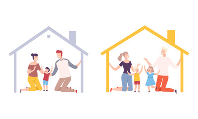 Fototapeta premium Happy Family with Father, Mother and Little Kids Under Home Roof Protection Vector Set