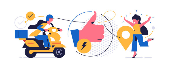 Online parcel delivery service concept. Online service for fast delivery of parcel to your home. A woman courier on a scooter carries an order to a happy woman. Hand like. Flat vector illustration