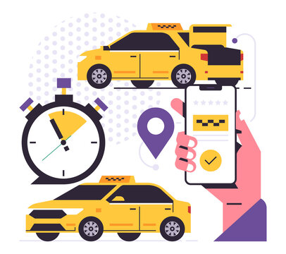 Taxi ordering service mobile application concept. A hand holding a phone with booking a taxi on the display. Car front and back, trunk, stopwatch, gps point, pin, icon, sign. Flat vector illustration.
