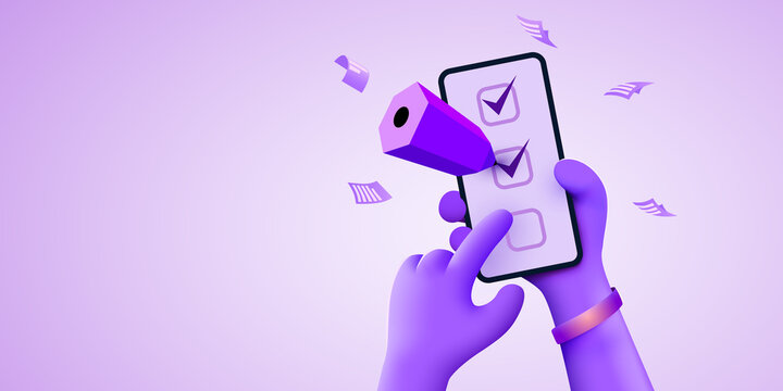 3d cute Hand holds smartphone with checklist or wishlist and pencil. Planning concept.