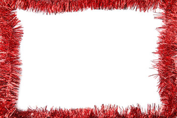 Frame of shiny red tinsel on white background, top view. Space for text