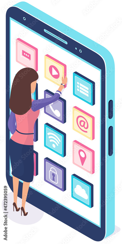 Poster development of mobile application, program for smartphone concept. woman standing near phone with ap