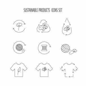 Sustainable fibers set with icon and sign for eco friendly, natural fabric product, clothing packaging. Vector stock illustration isolated on white background. 