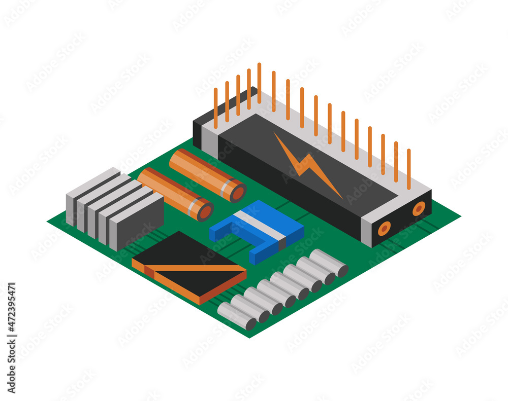 Aufkleber isometric circuit board with electronic components. computer chip technology processor circuit and c
