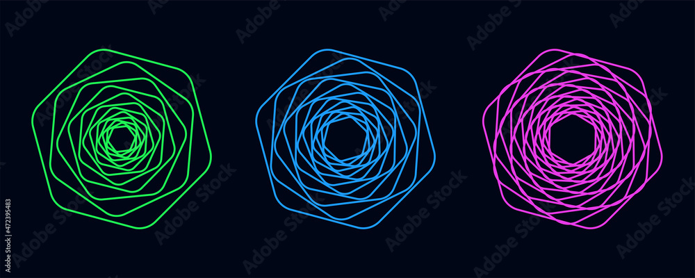 Poster set of twisted spirals. sacred geometry. tunnel with lines in the form of a circle and hexagons. vec