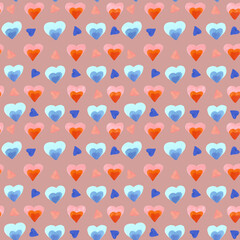 Cute seamless pattern of hearts drawn by markers on a pacific pink background. For fabric, sketchbook, wallpaper, wrapping paper, invitation.