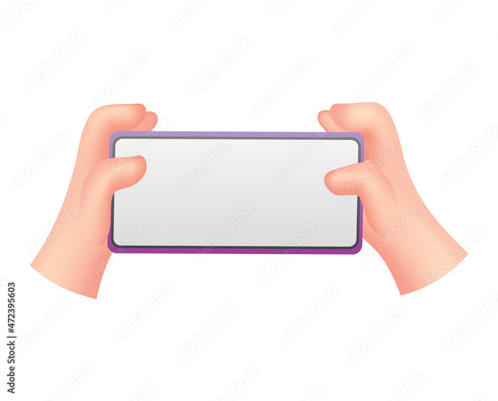 Poster cartoon hands with phone. human holding phone with empty screen. mock up of social network communica
