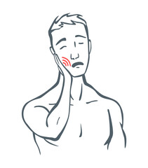Body part pain. Man feels toothache marked with red lines. Vector foci of pain or trauma symbols, grey art line illustration