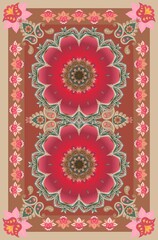 Pattern for floor carpet with large red open tulips, floral border and paisley. Oriental motives. Bright ornament. Vector illustration. Interior Design.