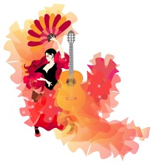 A charming Spanish woman is dancing flamenco with a fan in her hand. An acoustic guitar and two translucent mantons complete the picture. Concert poster, beautiful card. - obrazy, fototapety, plakaty