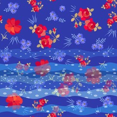 Intricate seamless floral ornament with red roses and bunches of blue daisies on a bright blue background and a translucent polka dot wave border. Vector print for fabric.
