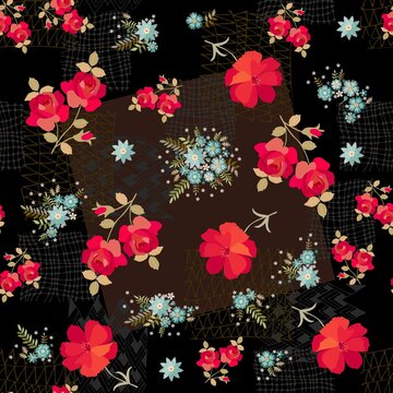 Seamless fabric print with red roses and cosmos flowers and cute embroidered bouquets of small blue flowers on a deep brown background decorated with abstract ornaments.