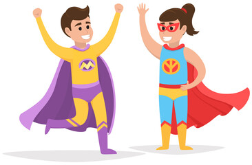Strong super man and super woman smiles and flies to save world stretched out his hand. Brave character in superhero costume with cloak. Cartoon person hurries to protects people from villains
