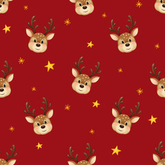 Obraz premium Seamless Christmas pattern. Cute deer, stars and snowflakes. New Year and Christmas holidays, New Year's decor for home and clothes