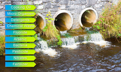 Toxic water running in concrete drainpipe towards the river - concept with text of the most...