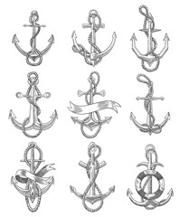 Collection of anchors with rope. Sketch engraving icons vector illustration. Hand drawn print design image. Nautical symbols in vintage style. Retro drawing