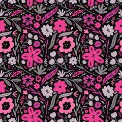 Blooming summer meadow with different flowers and herbs. Floral seamless pattern with various plant elements on a dark background. Fashion prints. Hand drawn vector illustration in Scandinavian style.