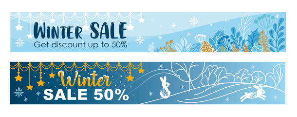 Naklejka premium Winter landscape. Background. Discounts and sales. Banner. Vector.