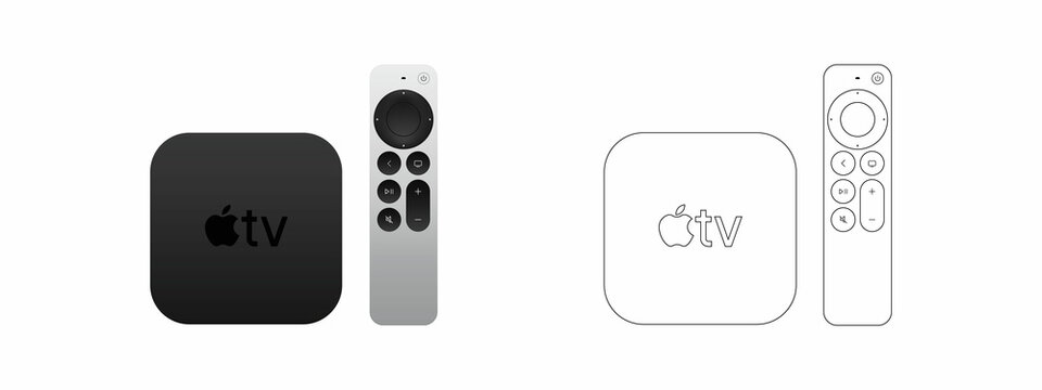 Apple TV 4K console and Siri Remote control clickpad laying nearby on a white background, front view.