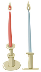 Simple minimalistic flat illustration of two burning candles candlesticks in blue, red and beige colors in isometric and side view